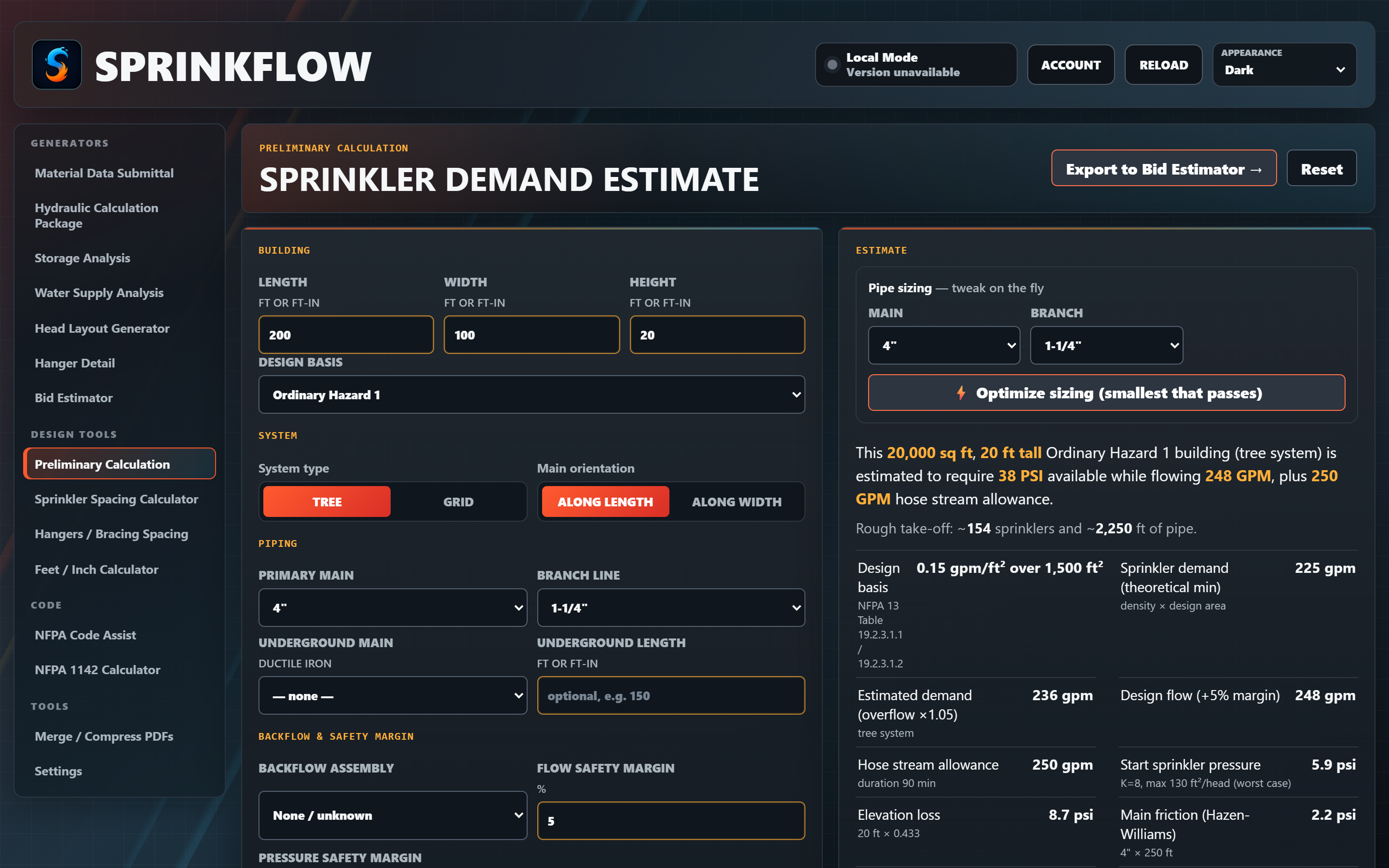 Preliminary sprinkler demand estimate
